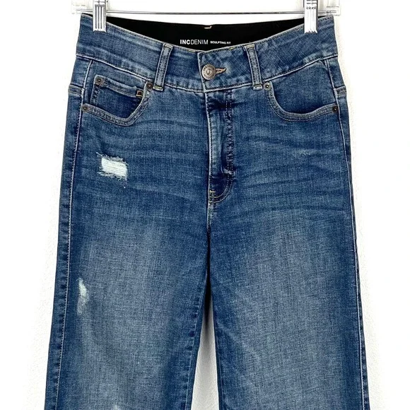 INC Denim Sculpting Fit Wide Leg Jeans Medium Wash Frayed Hem 0/25 Distressed - Picture 3 of 8